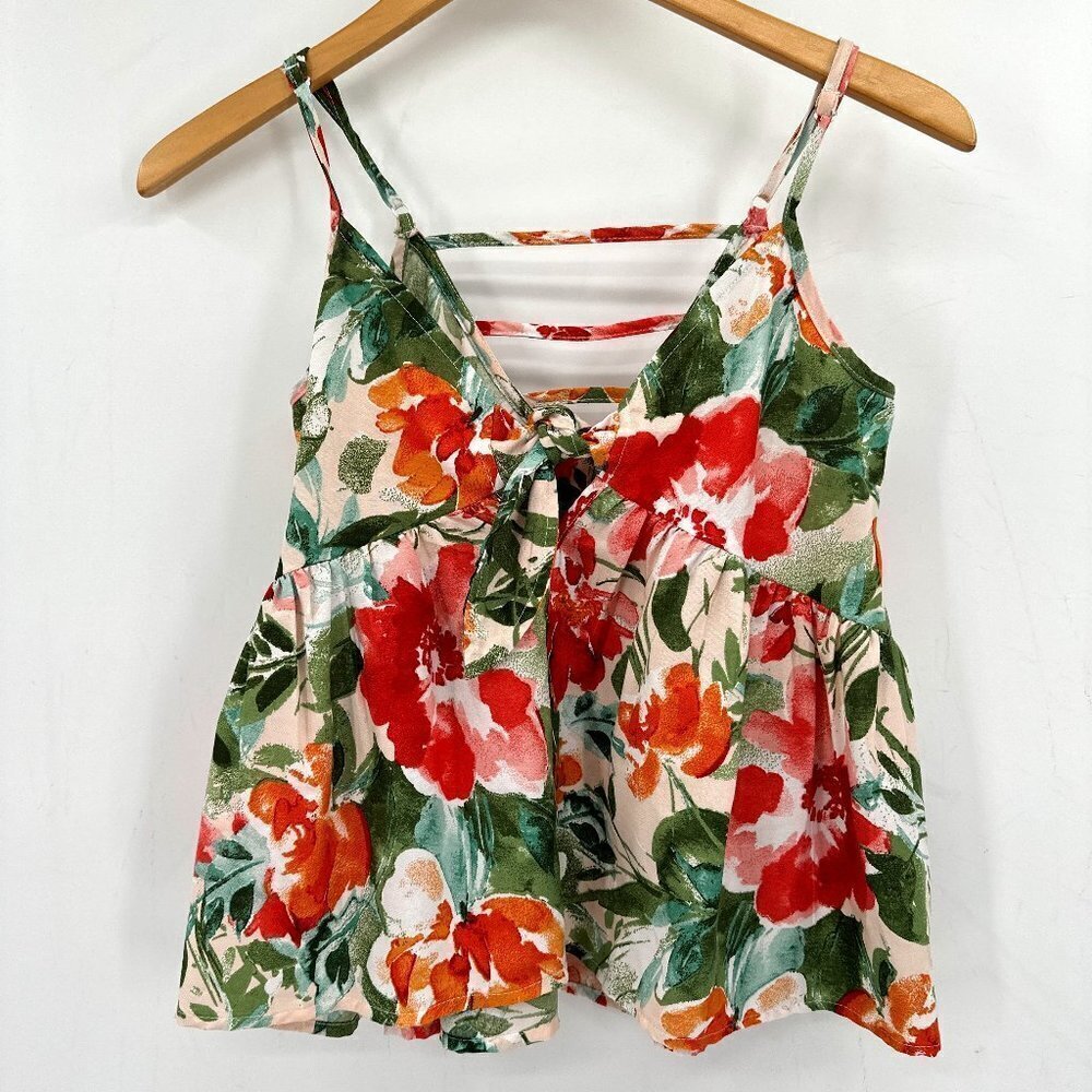BOG Collective Plunging Neckline Tropical Floral Vacation Swing Crop XS Top